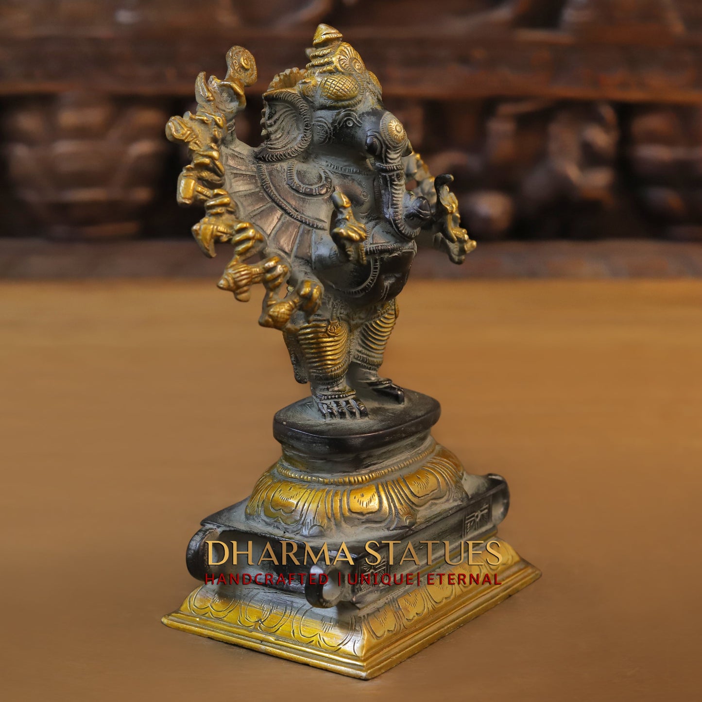 Brass Sixteen-Armed Vira-Ganesh, Black & Golden Finish, 9"