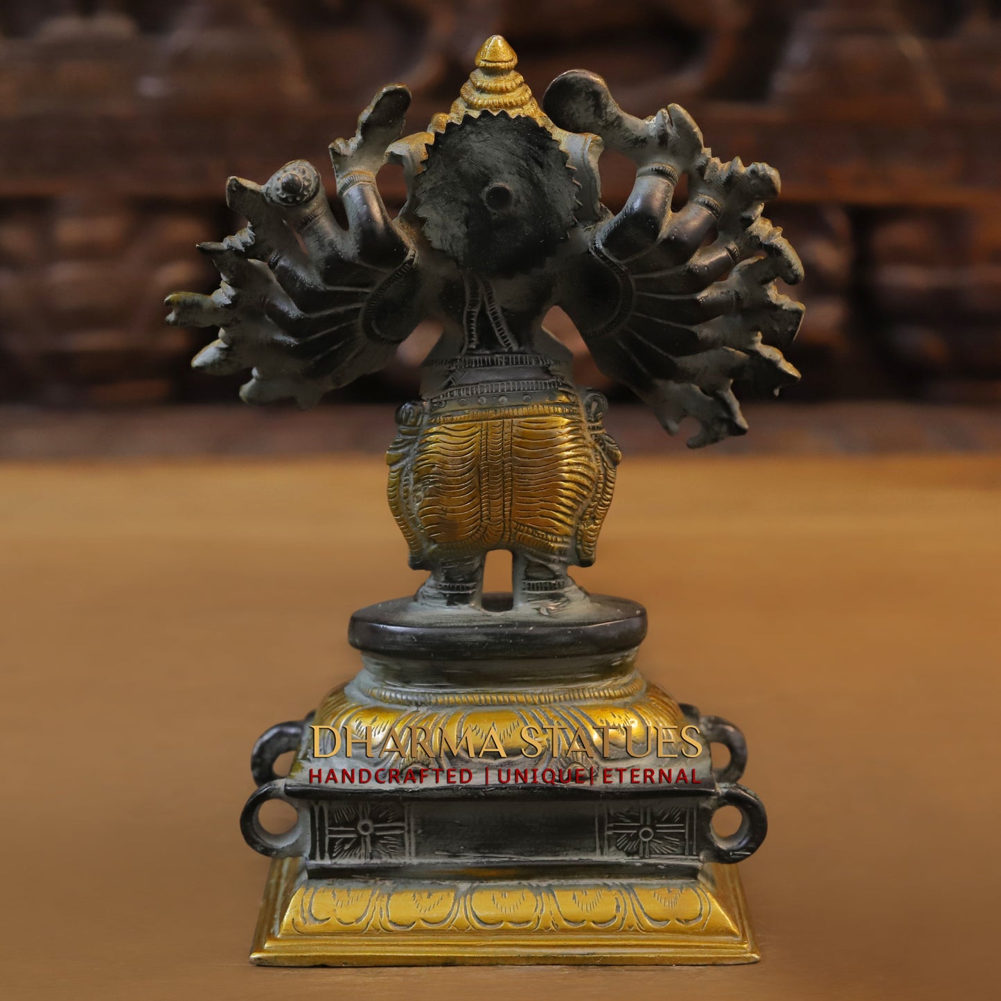 Brass Sixteen-Armed Vira-Ganesh, Black & Golden Finish, 9"