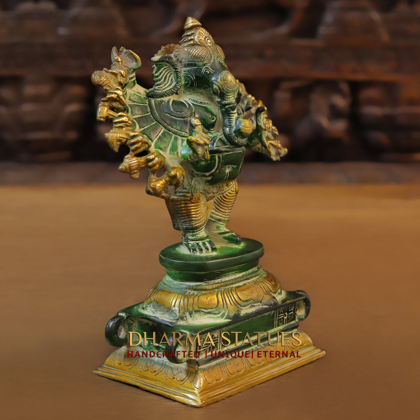 Brass Sixteen-Armed Vira-Ganesh, Green Patina & Golden Finish, 9"