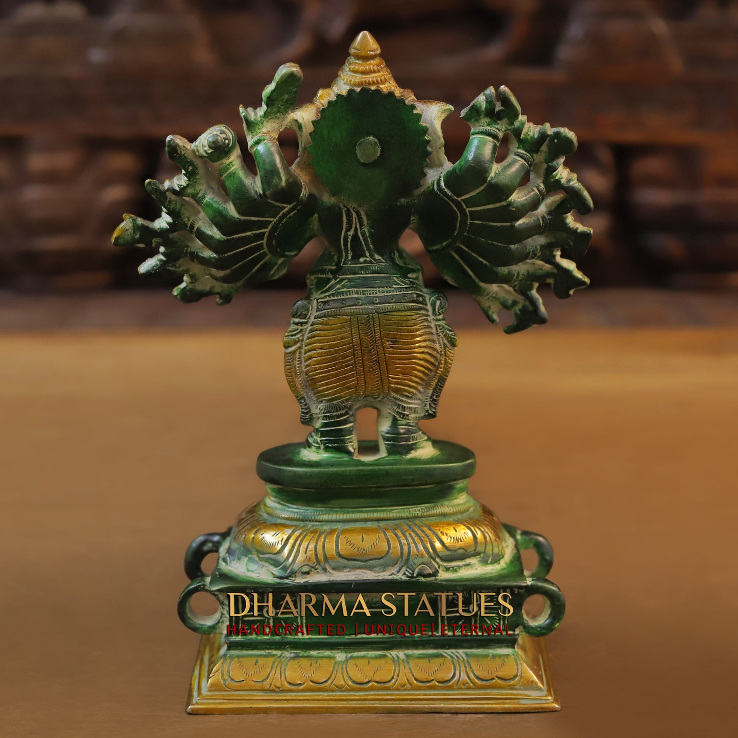 Brass Sixteen-Armed Vira-Ganesh, Green Patina & Golden Finish, 9"