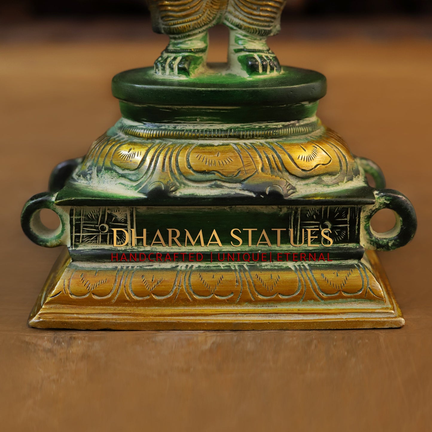 Brass Sixteen-Armed Vira-Ganesh, Green Patina & Golden Finish, 9"