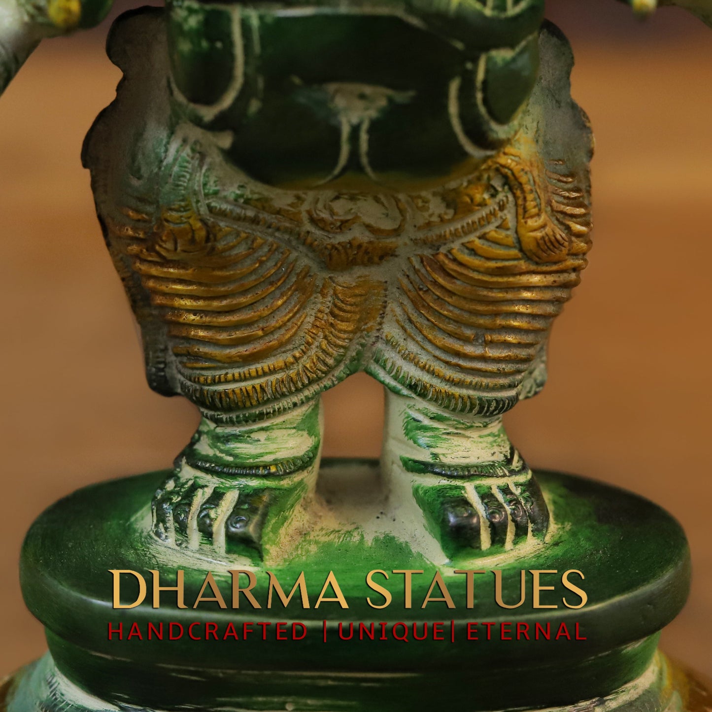 Brass Sixteen-Armed Vira-Ganesh, Green Patina & Golden Finish, 9"