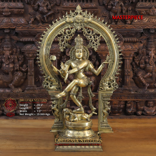 Brass Natraj Idol, Dancing Lord Shiva, Fine Golden Finish, Masterpiece 28.5"