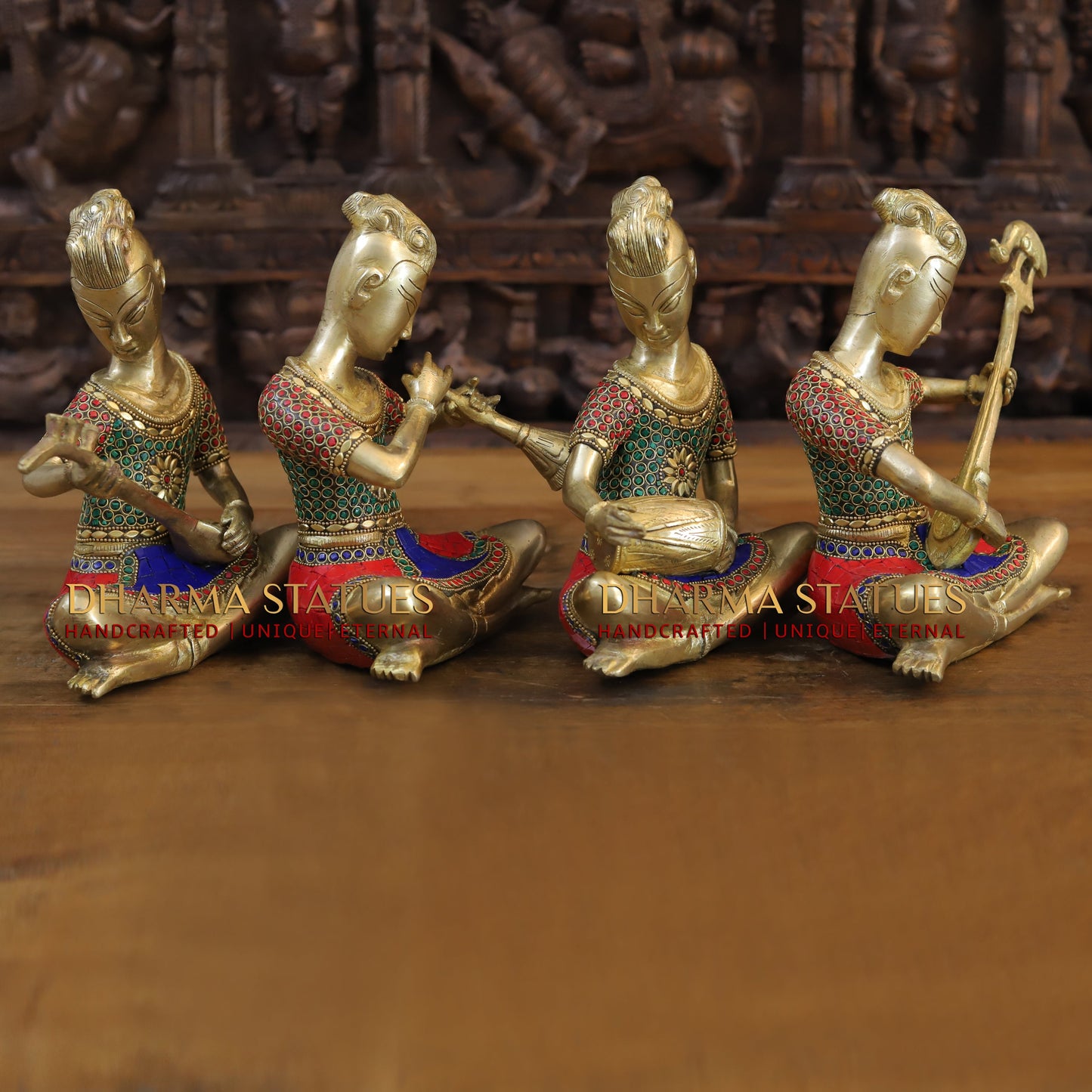 Brass Mystical Musicians of the Mughal Court (Set of 4), Golden & Stonework, 9.5"