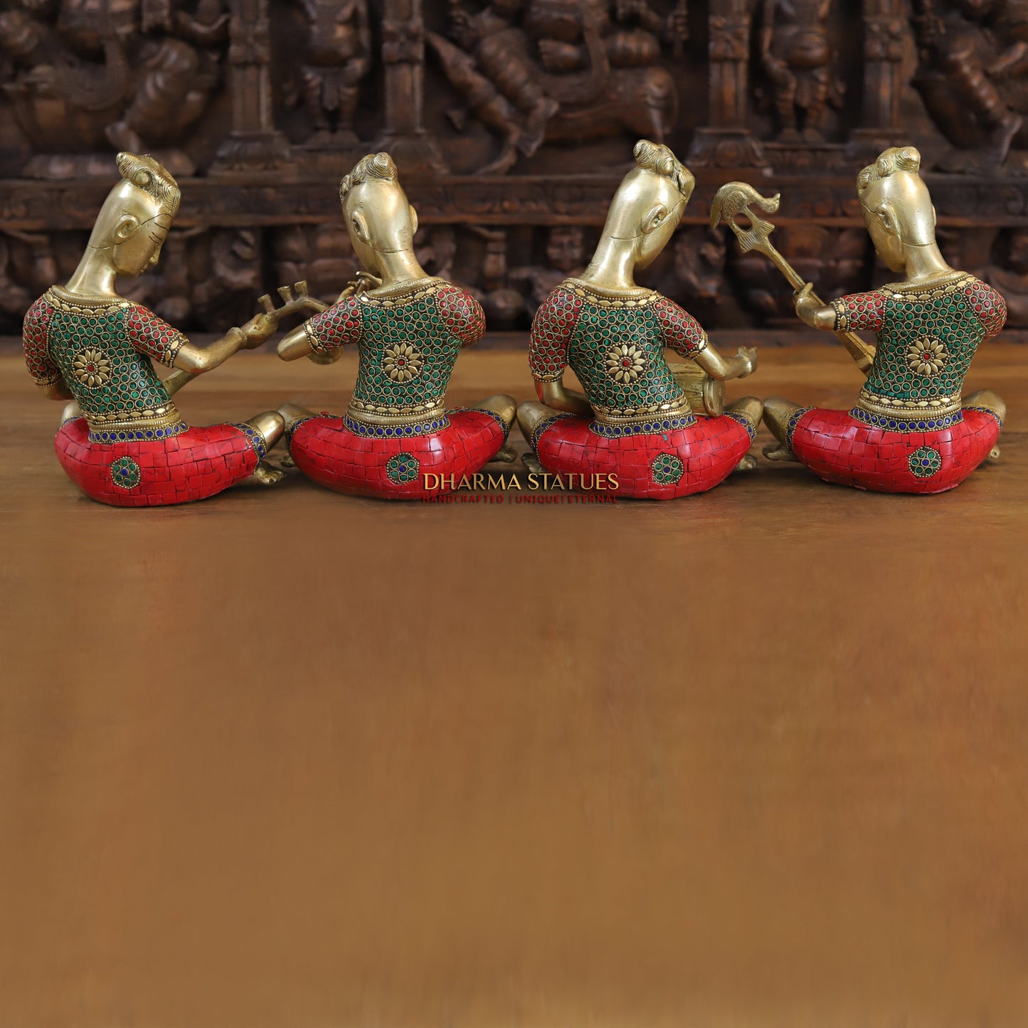 Brass Mystical Musicians of the Mughal Court (Set of 4), Golden & Stonework, 9.5"