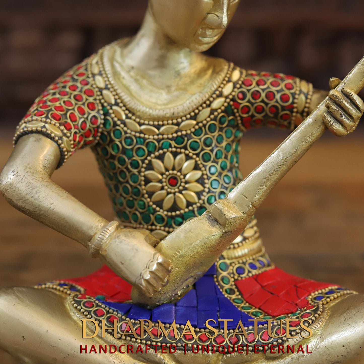 Brass Mystical Musicians of the Mughal Court (Set of 4), Golden & Stonework, 9.5"