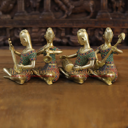 Brass Mystical Musicians of the Mughal Court (Set of 4), Golden & Stonework, 7"