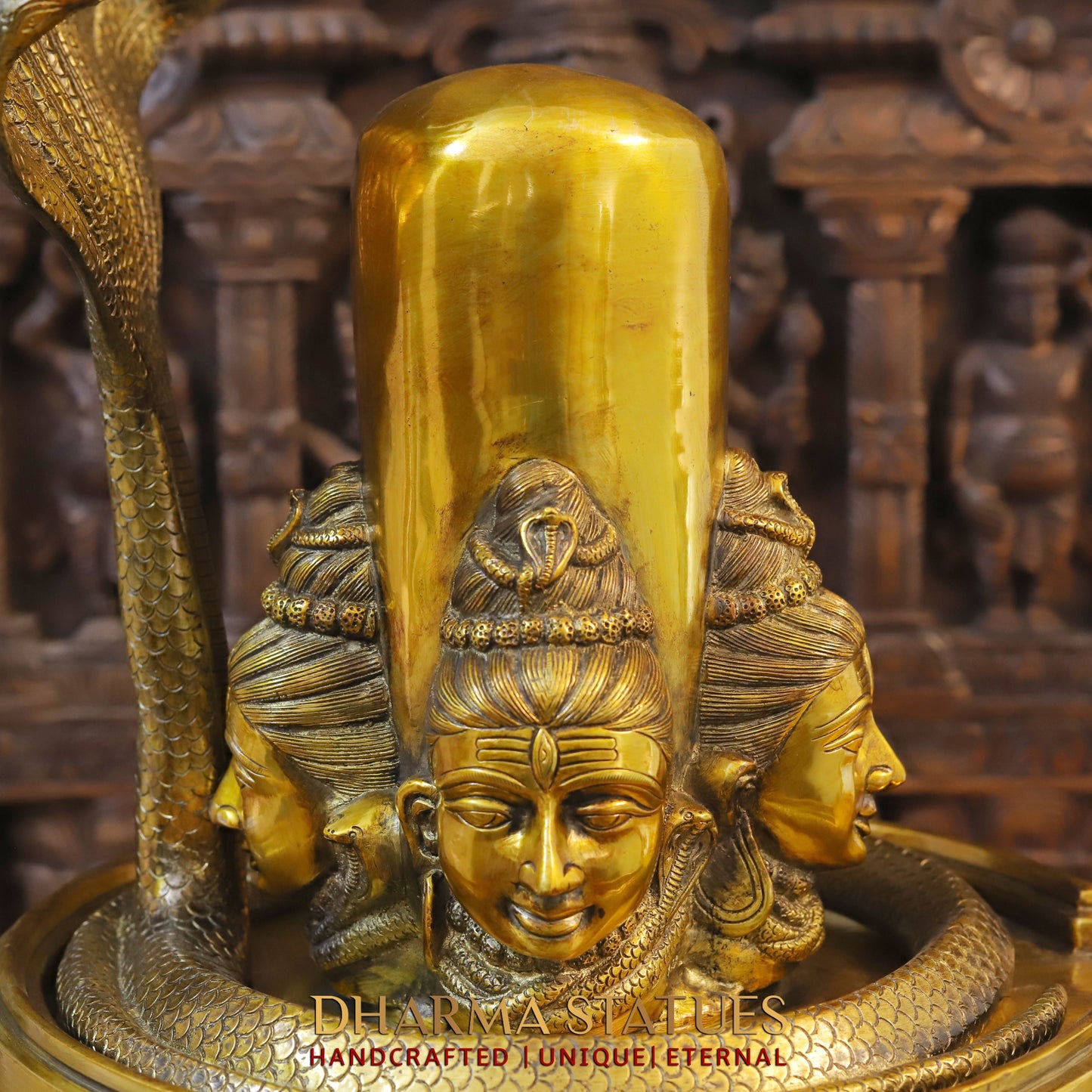 Brass MahaShiva Lingam With Shiva Head Engraved, Golden Finish, 25.5"