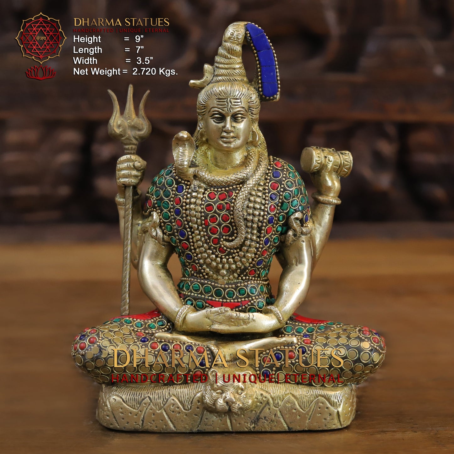 Brass Shiva seated, Golden & Stonework, 9"