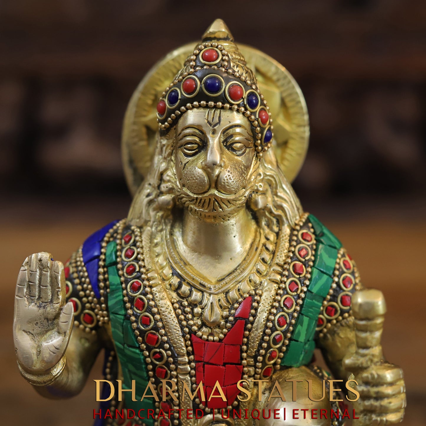 Brass Hanuman Ji seated, Blessing Position, Golden & Stonework, 7.5"