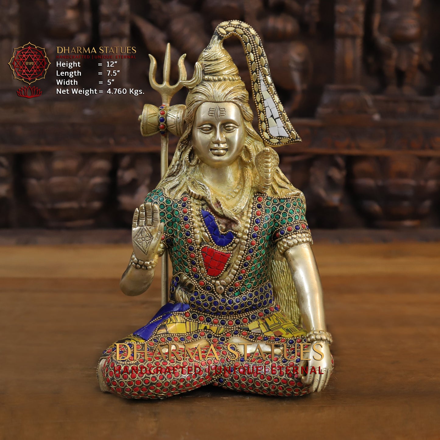 Brass Shiva seated in Blessing Posture, Golden & Stonework, 12"