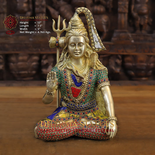 Brass Shiva seated in Blessing Posture, Golden & Stonework, 12"