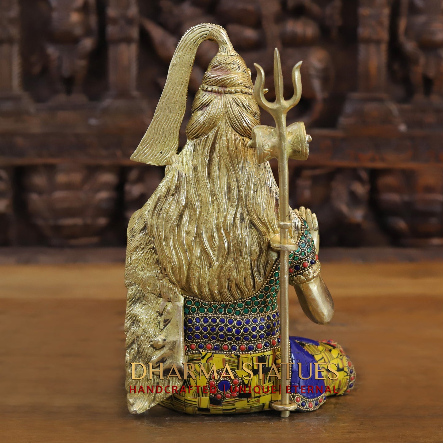 Brass Shiva seated in Blessing Posture, Golden & Stonework, 12"