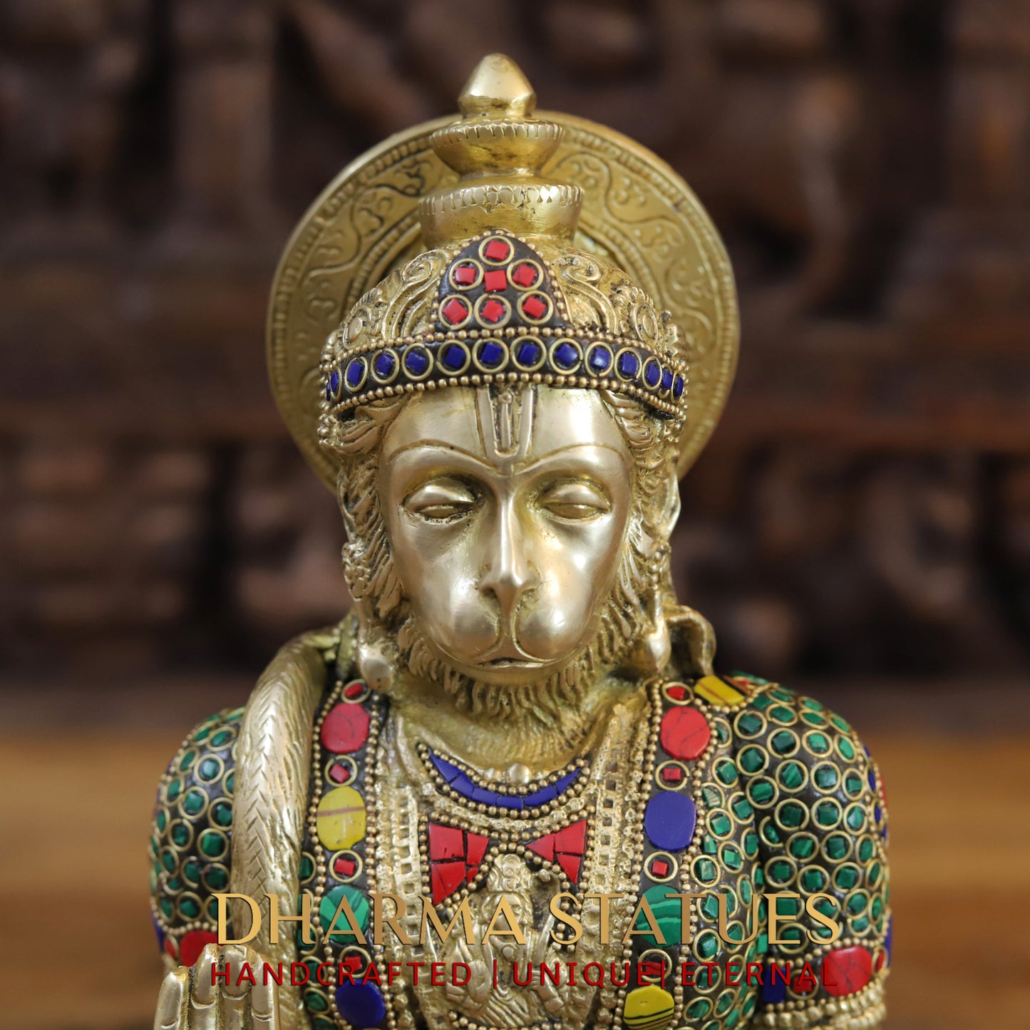 Brass Hanuman Ji seated, Blessing Position, Golden & Stonework, 11.5"