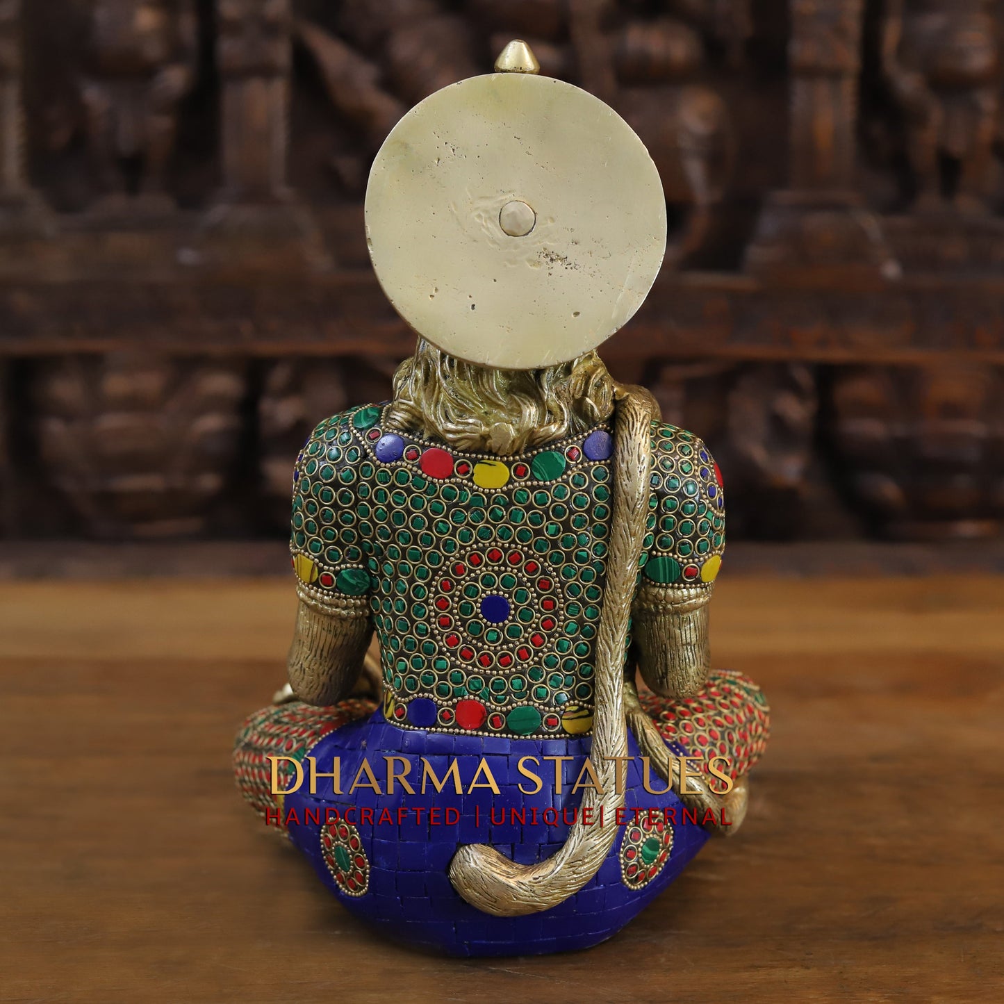 Brass Hanuman Ji seated, Blessing Position, Golden & Stonework, 11.5"