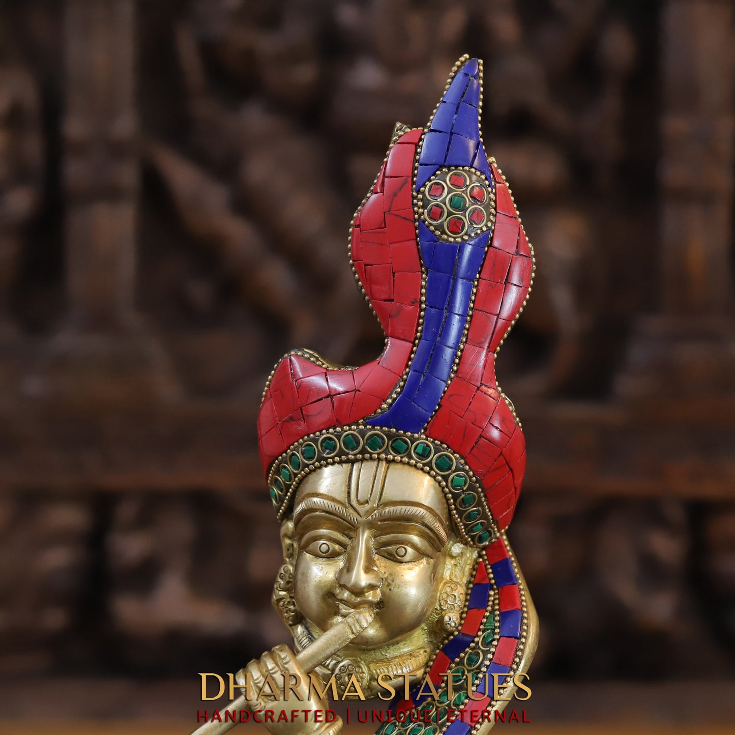 Brass Modern Krishna playing Flute, Golden & Stonework, 13.5"