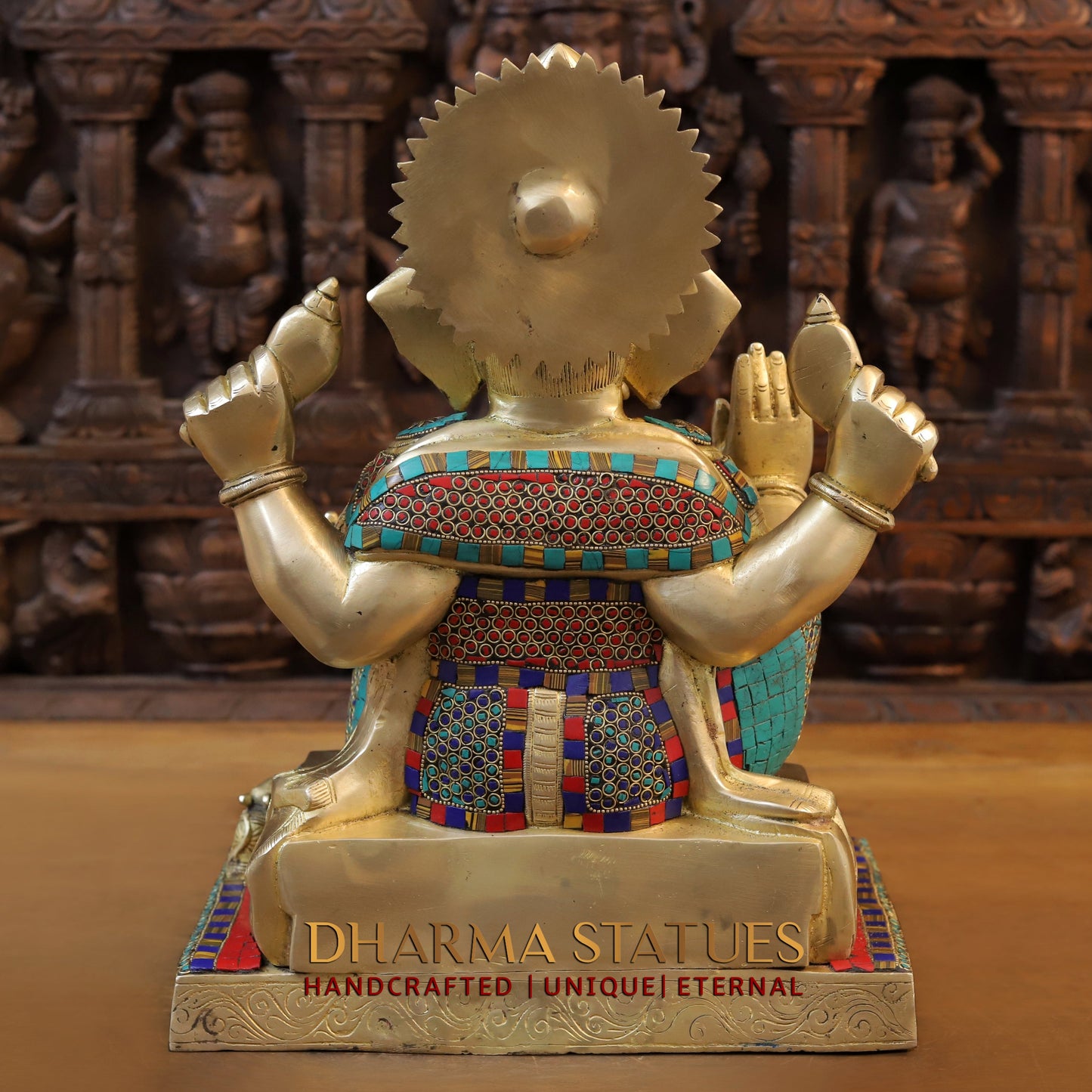 Brass Ganesh seated in Blessing Posture, Golden & Stonework, 16.5"