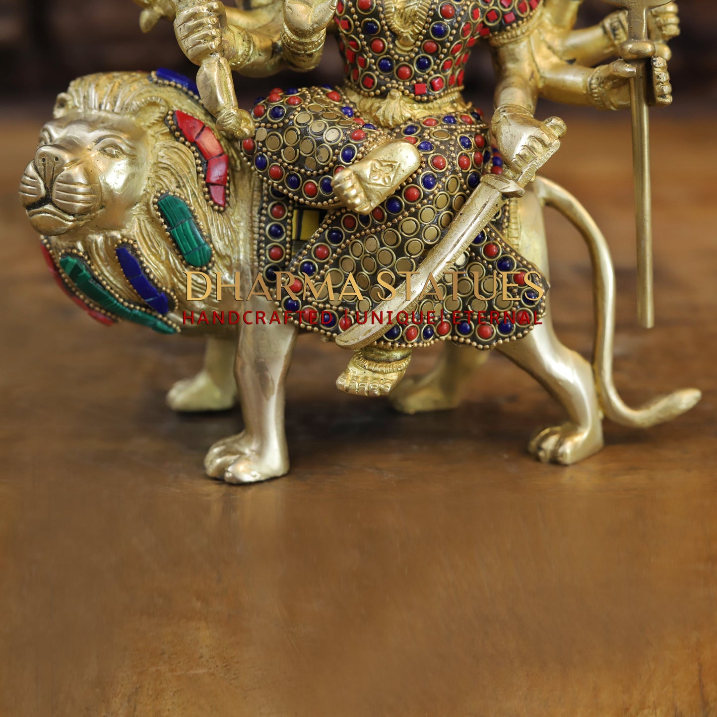 Brass Durga with 8 arms sitting on lion, Golden & Stonework, 8.5"