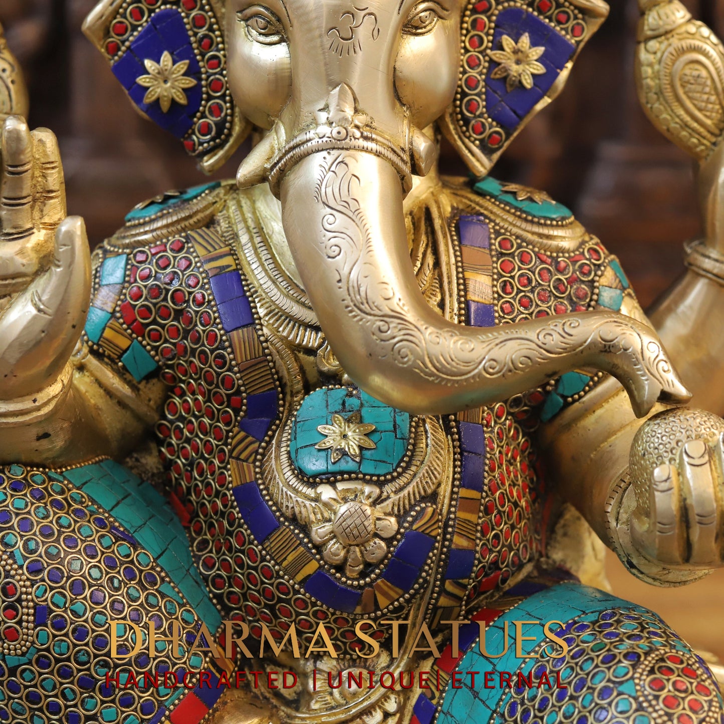 Brass Ganesh seated in Blessing Posture, Golden & Stonework, 16.5"