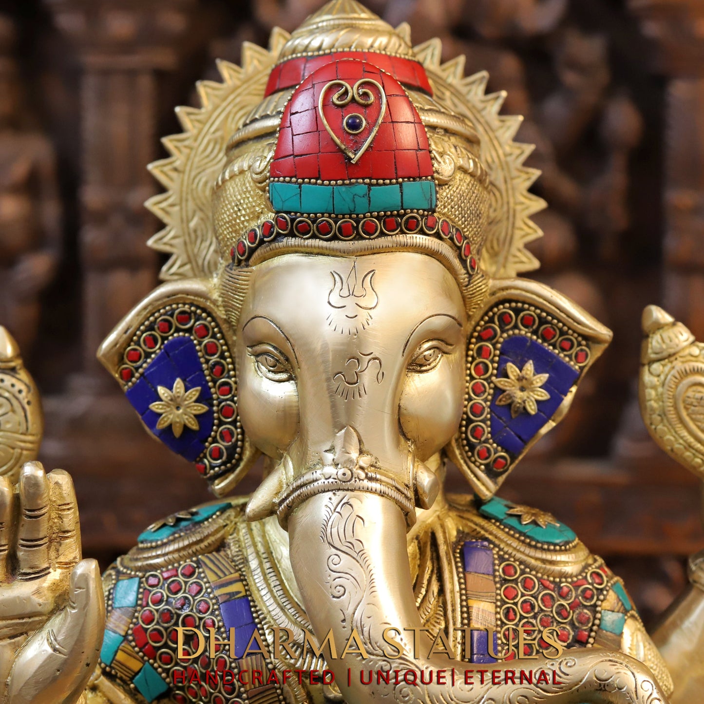 Brass Ganesh seated in Blessing Posture, Golden & Stonework, 16.5"