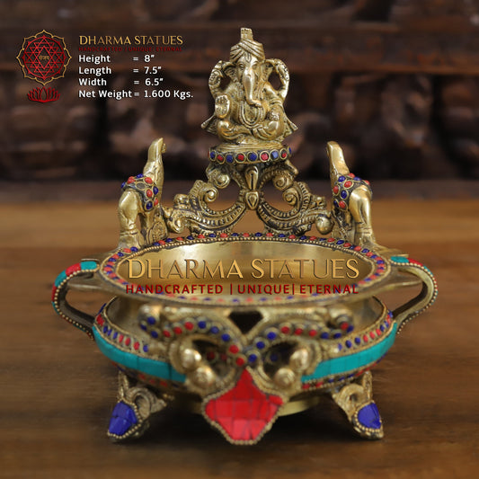 Brass Ganesh Diya Urli, Golden & Stonework, 8"