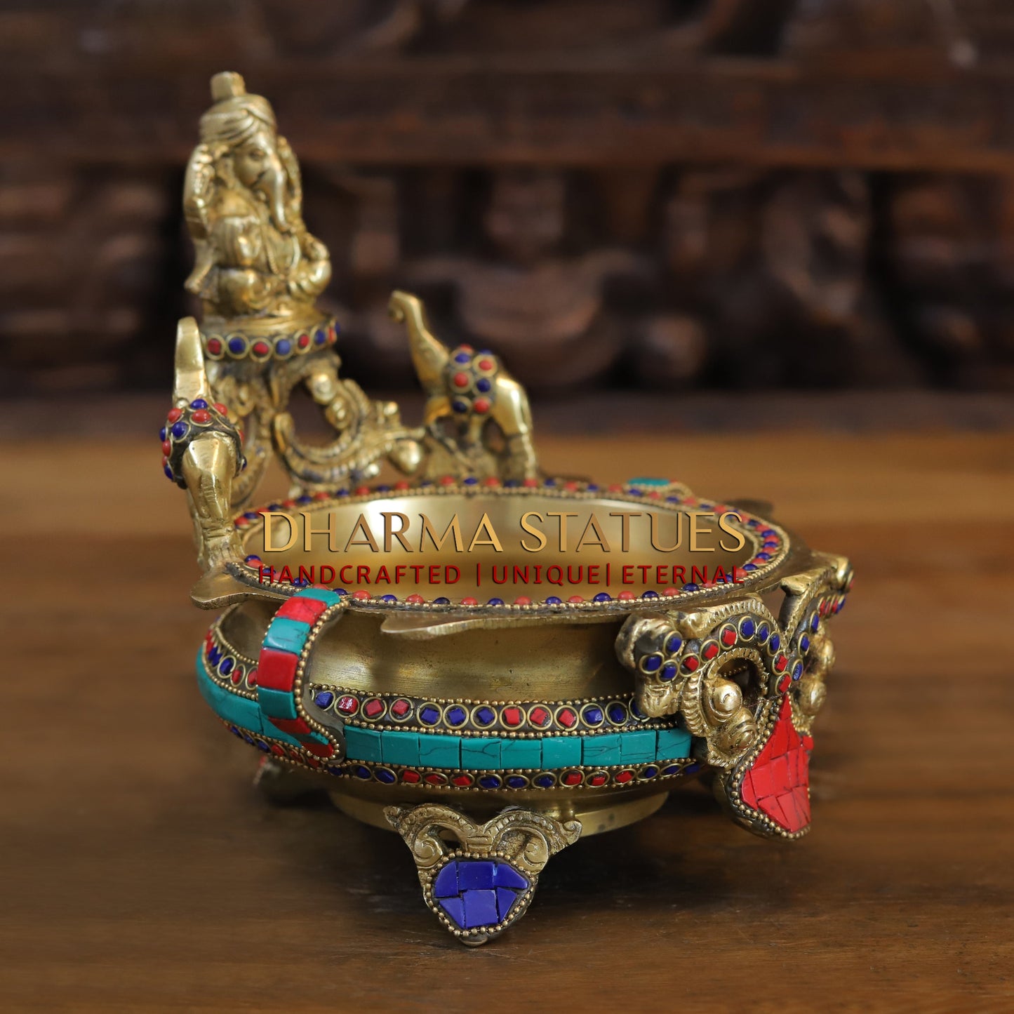 Brass Ganesh Diya Urli, Golden & Stonework, 8"
