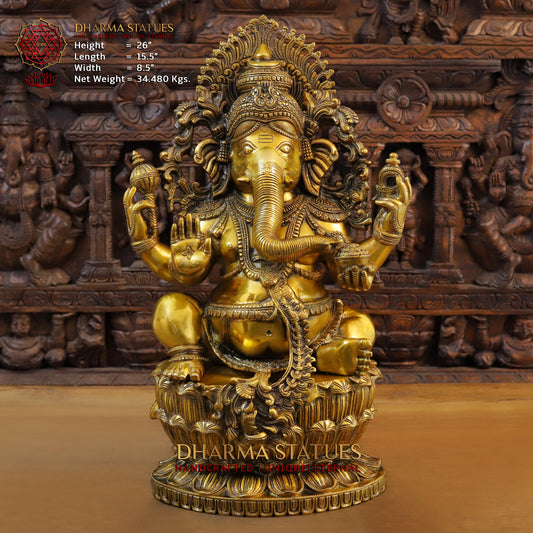 Brass Ganesh seated in Blessing Posture, Fine Golden Finish, 26"