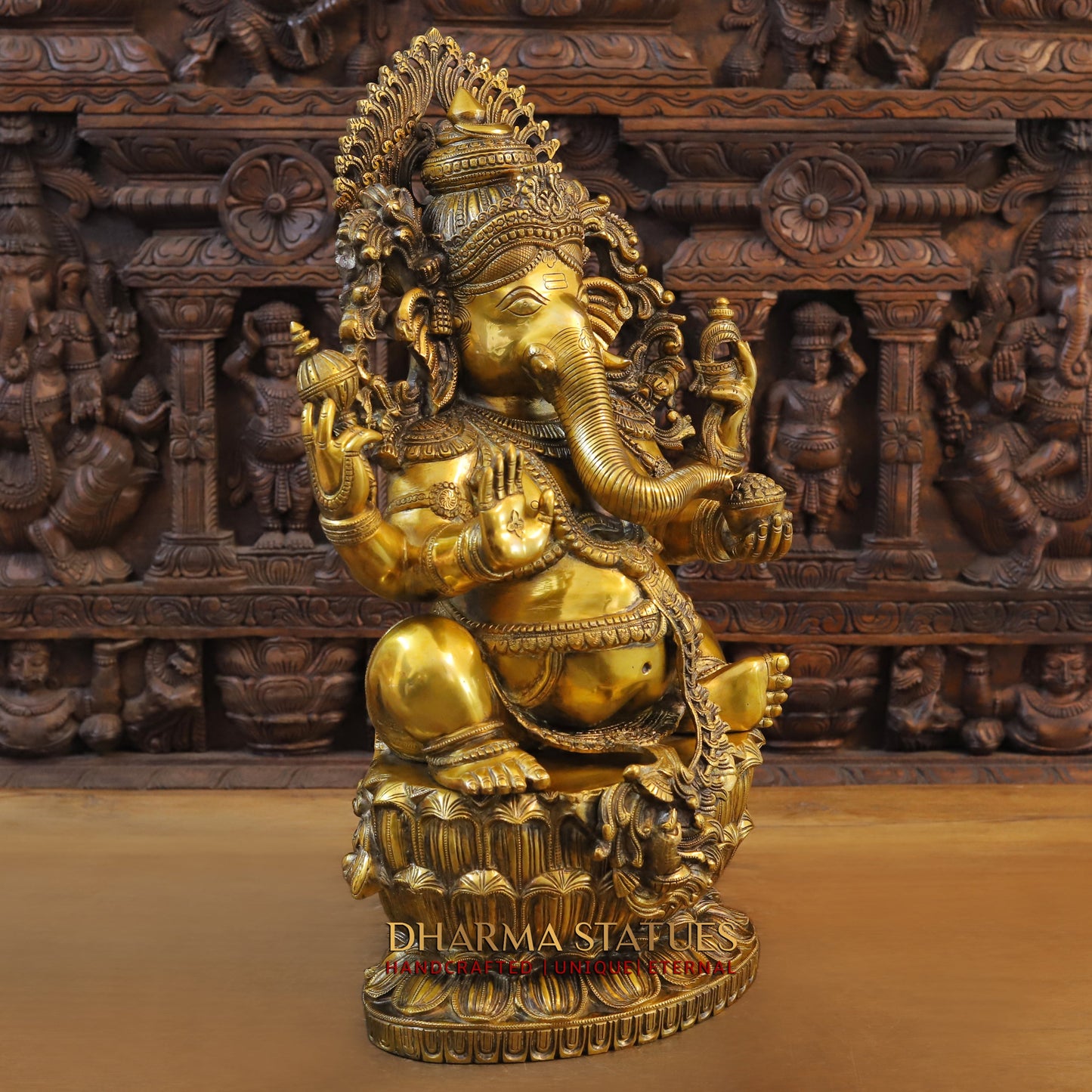 Brass Ganesh seated in Blessing Posture, Fine Golden Finish, 26"