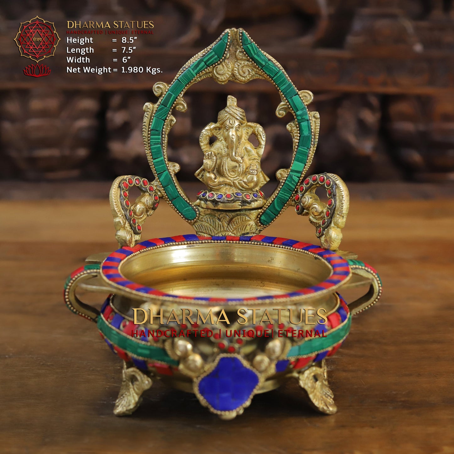 Brass Ganesh with Frame Diya Urli, Golden & Stonework, 8.5"