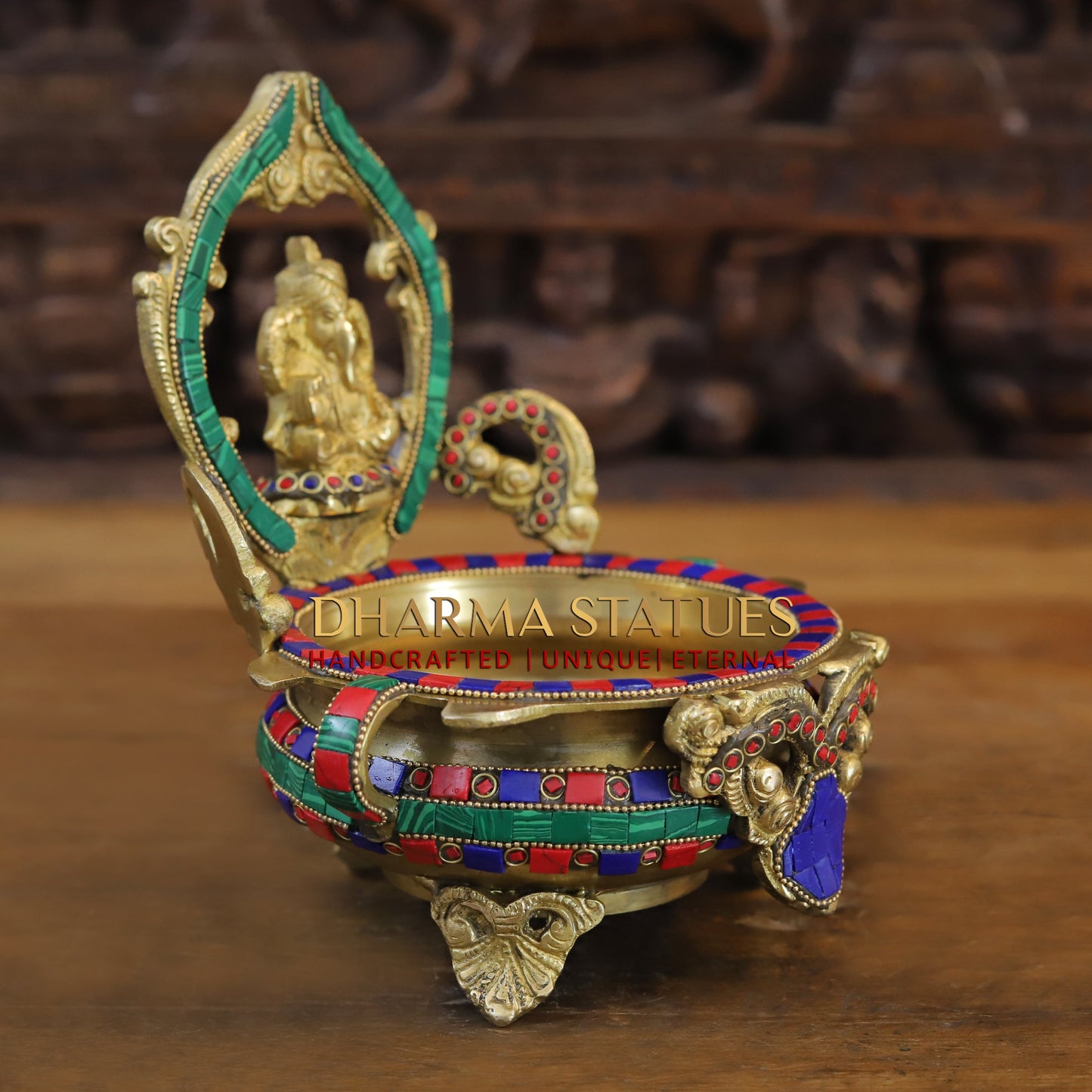 Brass Ganesh with Frame Diya Urli, Golden & Stonework, 8.5"