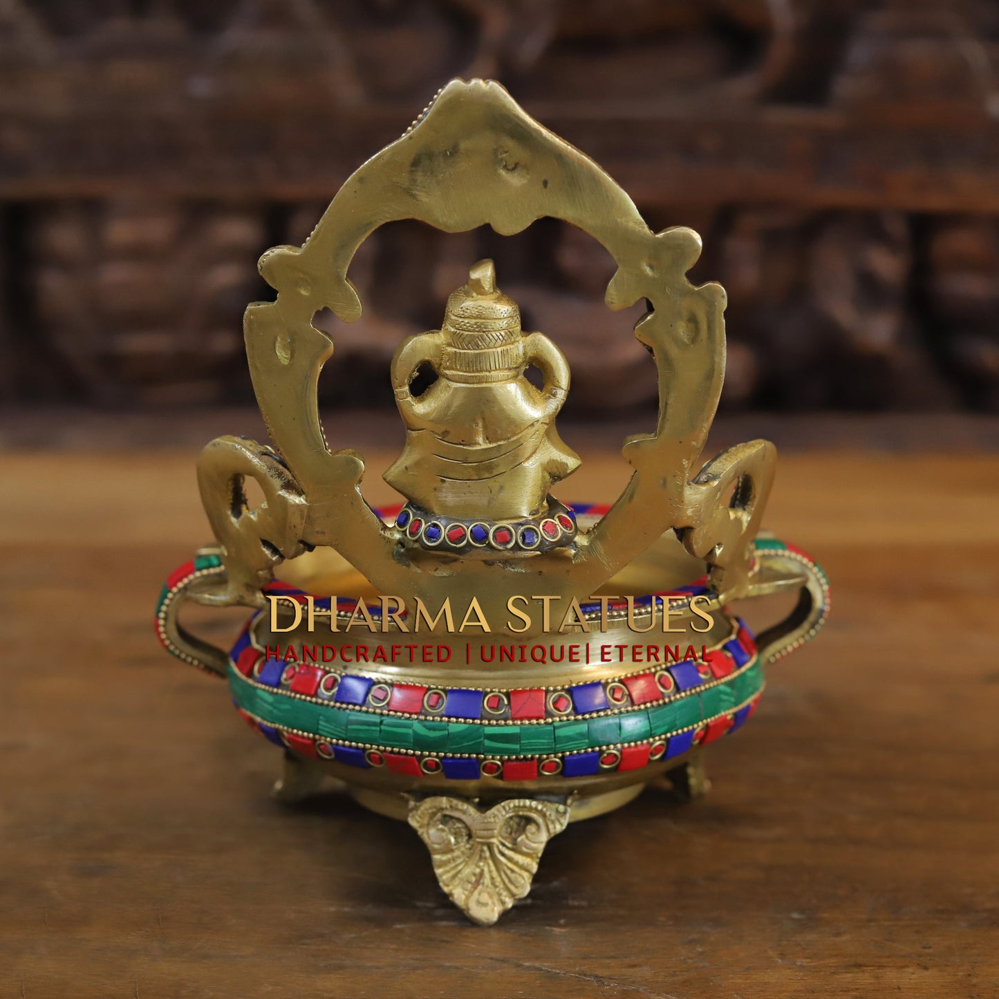 Brass Ganesh with Frame Diya Urli, Golden & Stonework, 8.5"