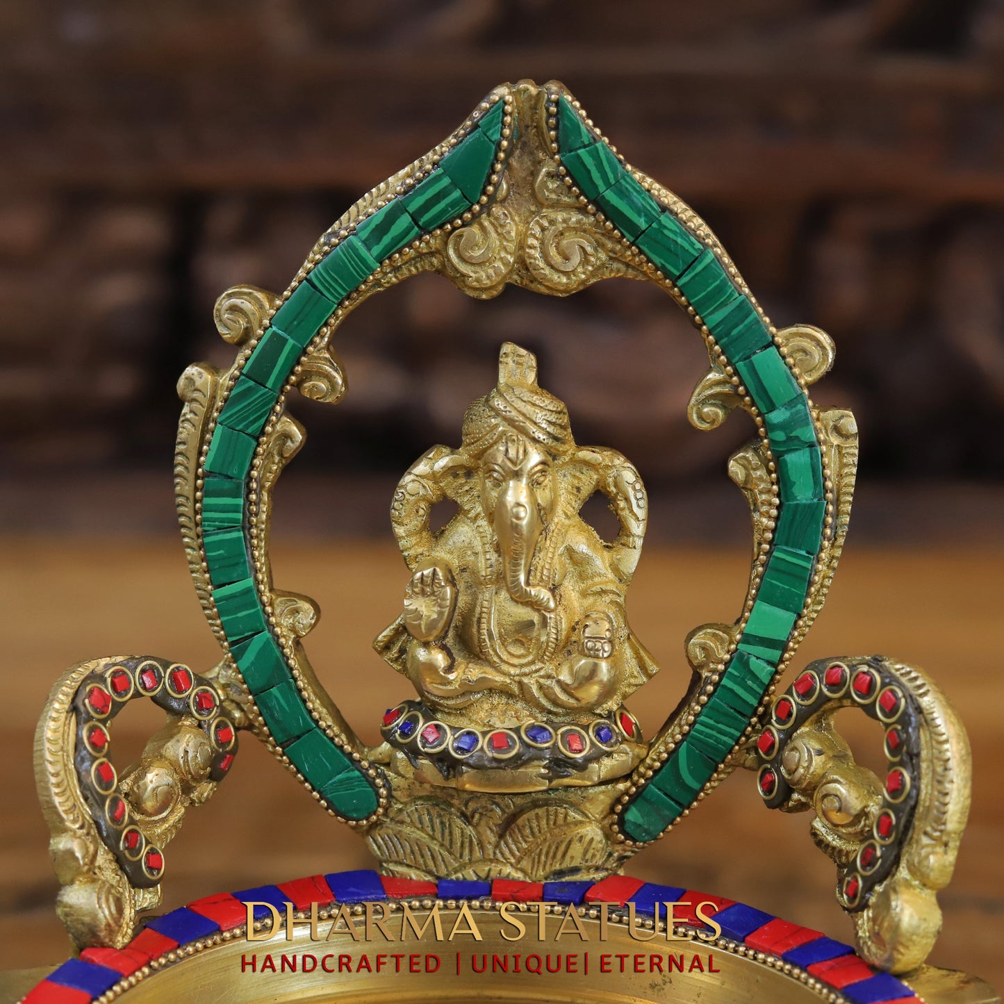 Brass Ganesh with Frame Diya Urli, Golden & Stonework, 8.5"