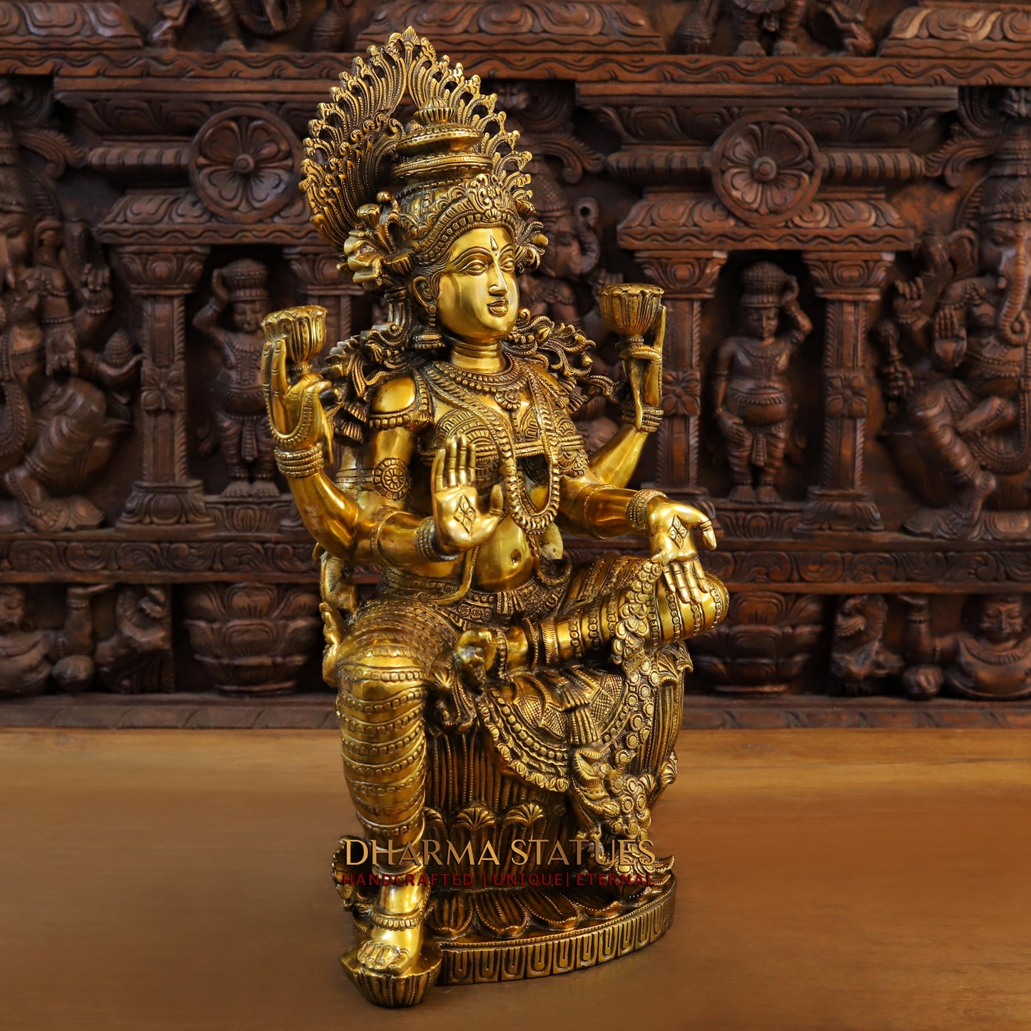 Brass Saraswati, Ganesh & Lakshmi, Fine Golden Finish, 26"