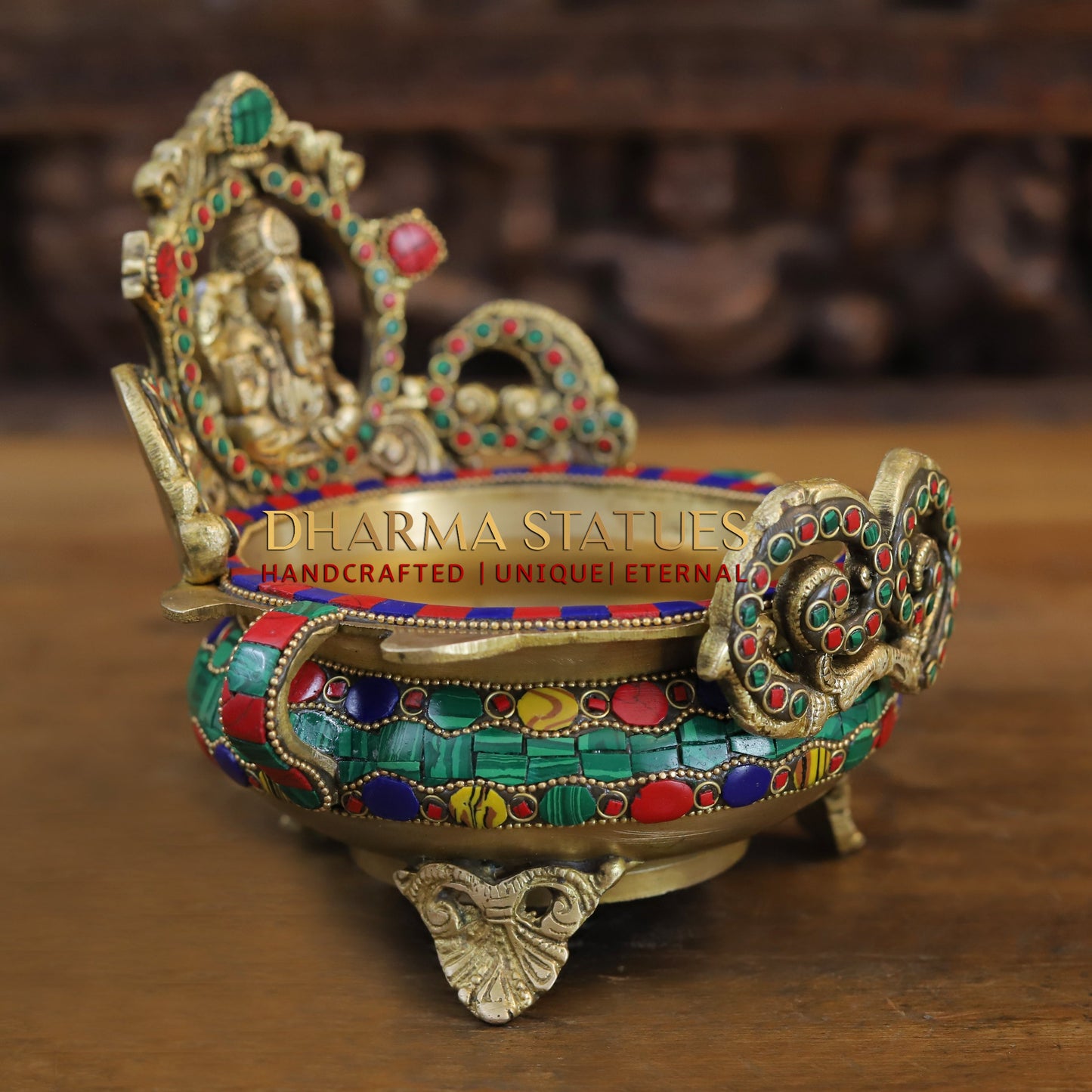 Brass Ganesh with Frame Diya Urli, Golden & Stonework, 7"