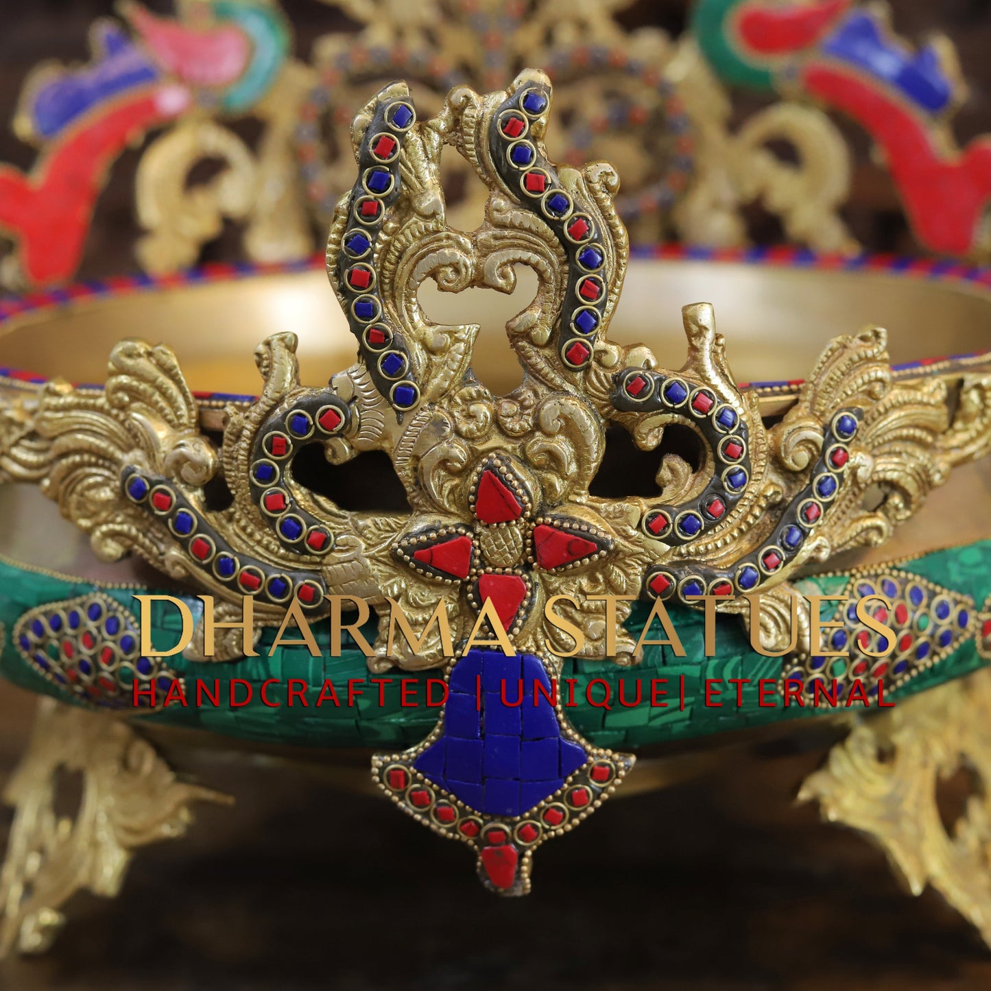 Brass Peacock Diya Urli, Golden & Stonework, 12"