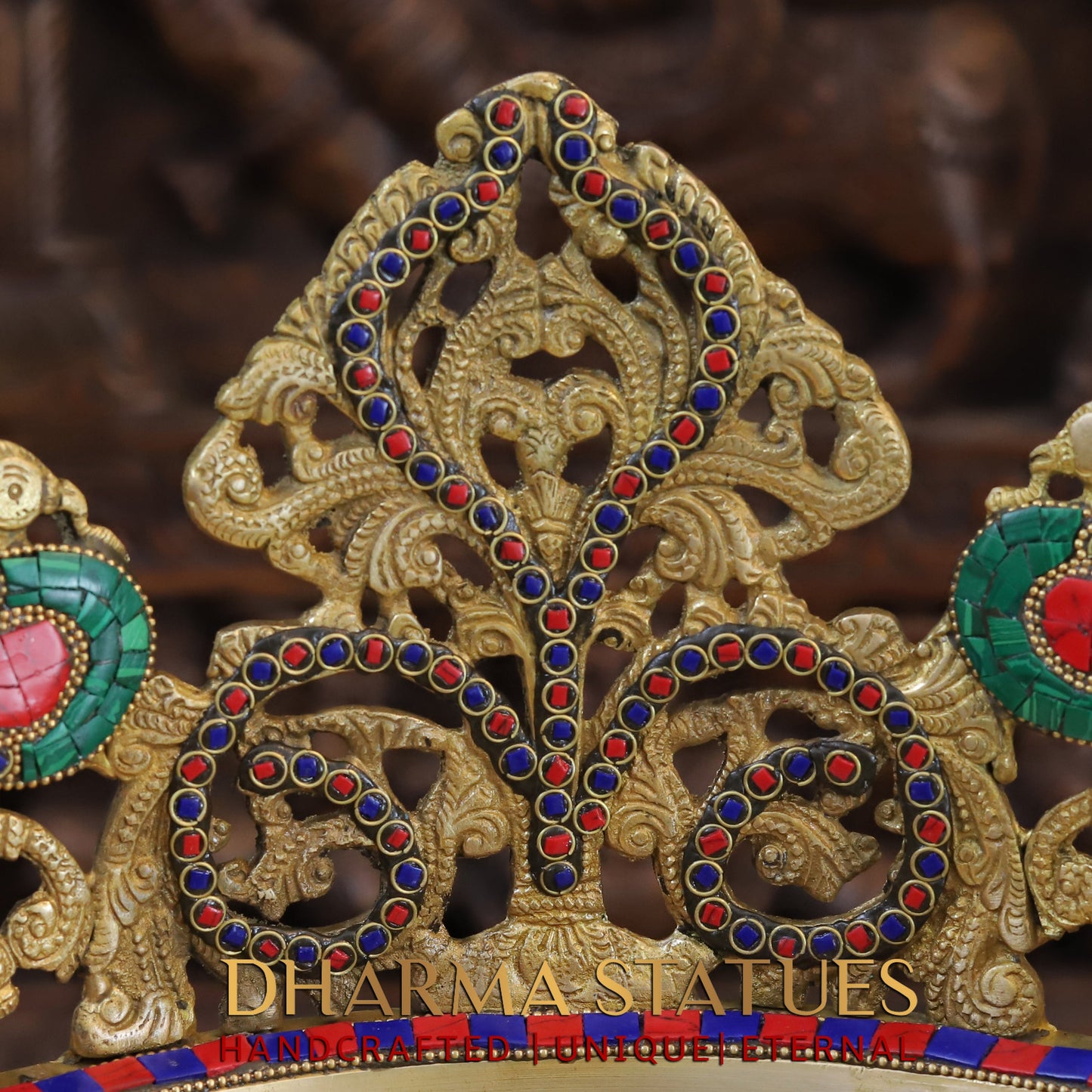 Brass Peacock Diya Urli, Golden & Stonework, 12"