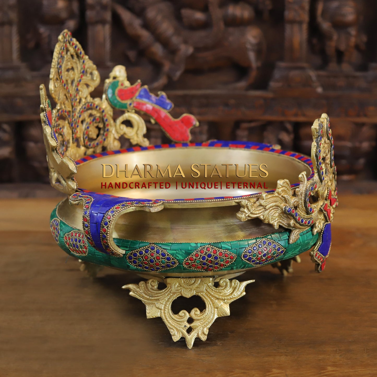 Brass Peacock Diya Urli, Golden & Stonework, 12"