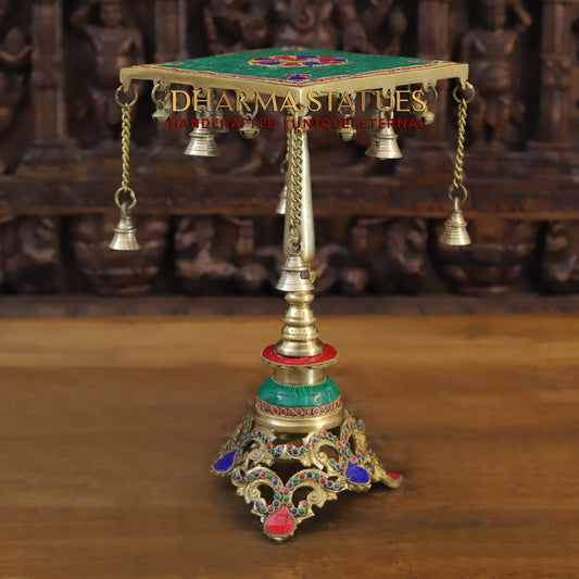 Brass Table with Hanging Bells, Golden & Stonework, 15"