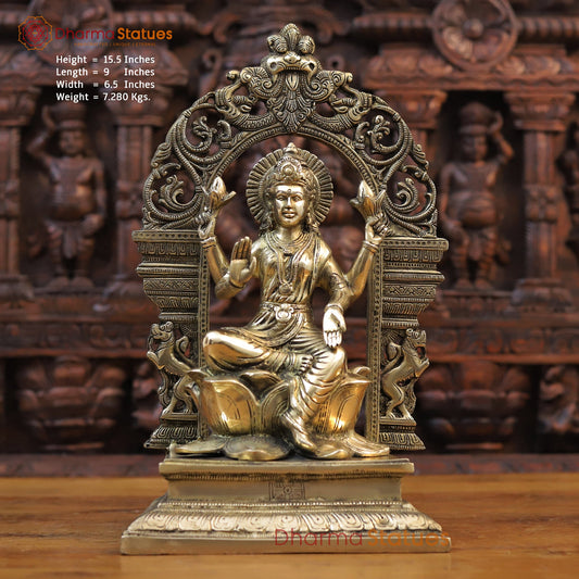 Brass Lakshmi Statue, Seated on Lotus in Yaksh Frame - Fine Golden Finish 15.5"