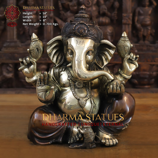 Brass Ganesh seated in Blessing Posture, Golden & Copper Finish, 14"