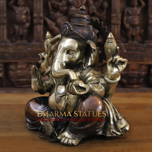 Brass Ganesh seated in Blessing Posture, Golden & Copper Finish, 14"