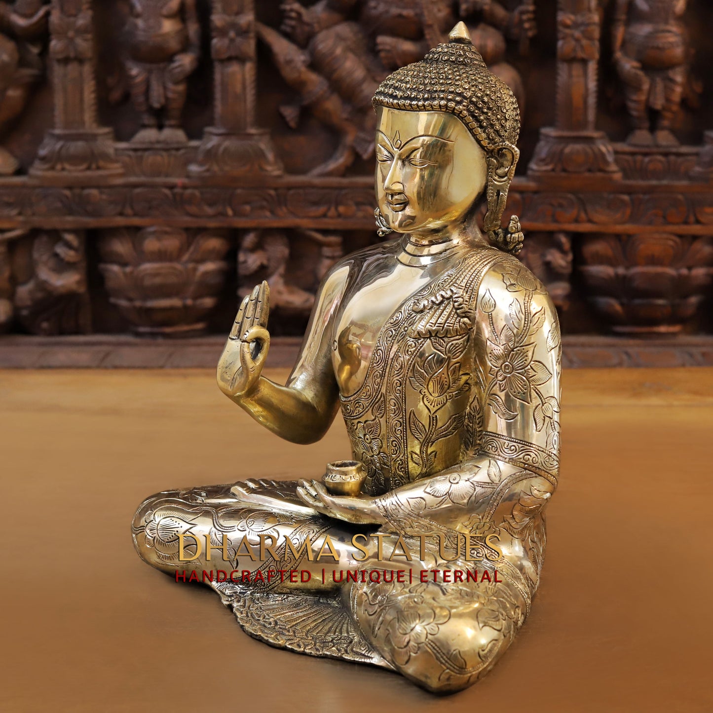 Brass Buddha seated in Blessing Posture, Golden Finish, 14"