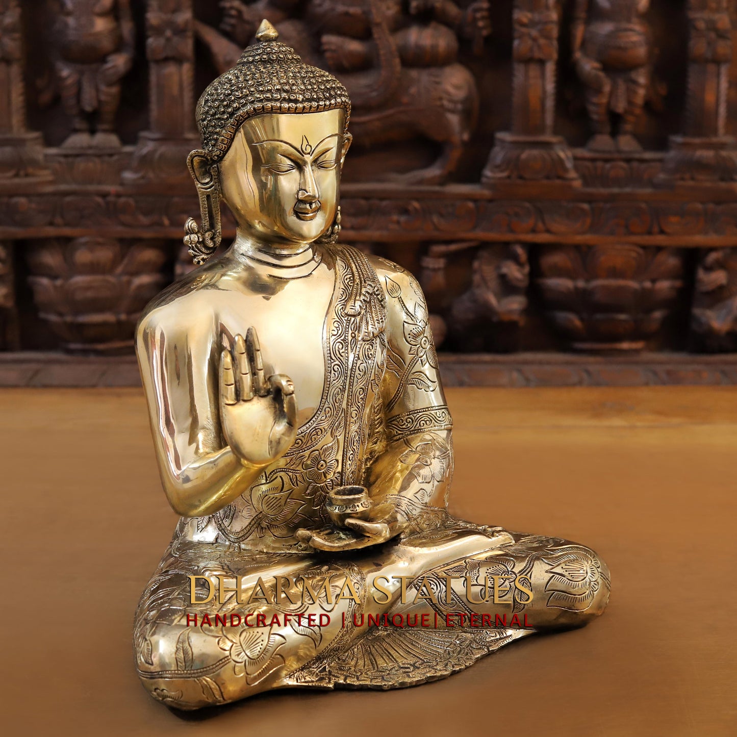 Brass Buddha seated in Blessing Posture, Golden Finish, 14"