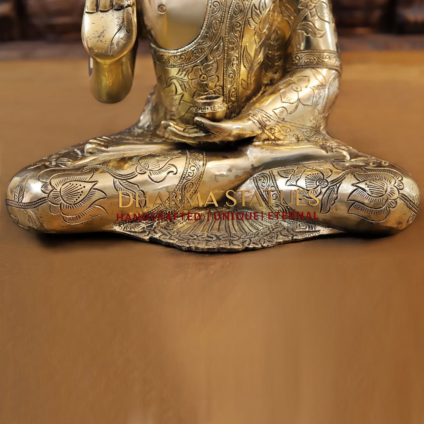 Brass Buddha seated in Blessing Posture, Golden Finish, 14"