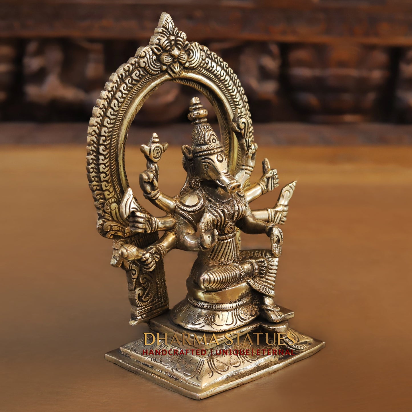 Brass Varaha (Avatar of Lord Vishnu), Fine Golden Finish, 8"
