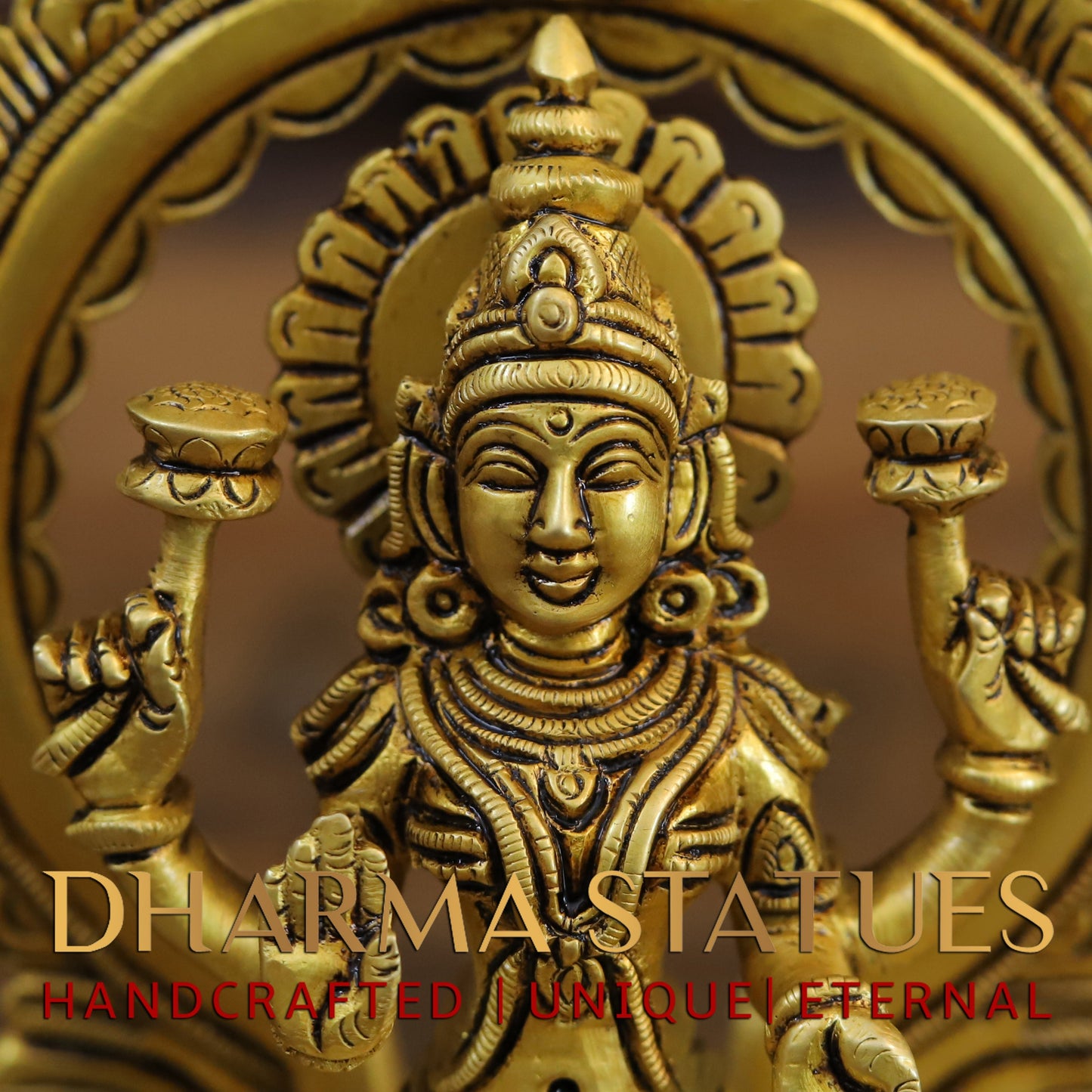 Brass Ganesh Laxmi, Seated on Carved Throne, Gold Finish, 7.5"
