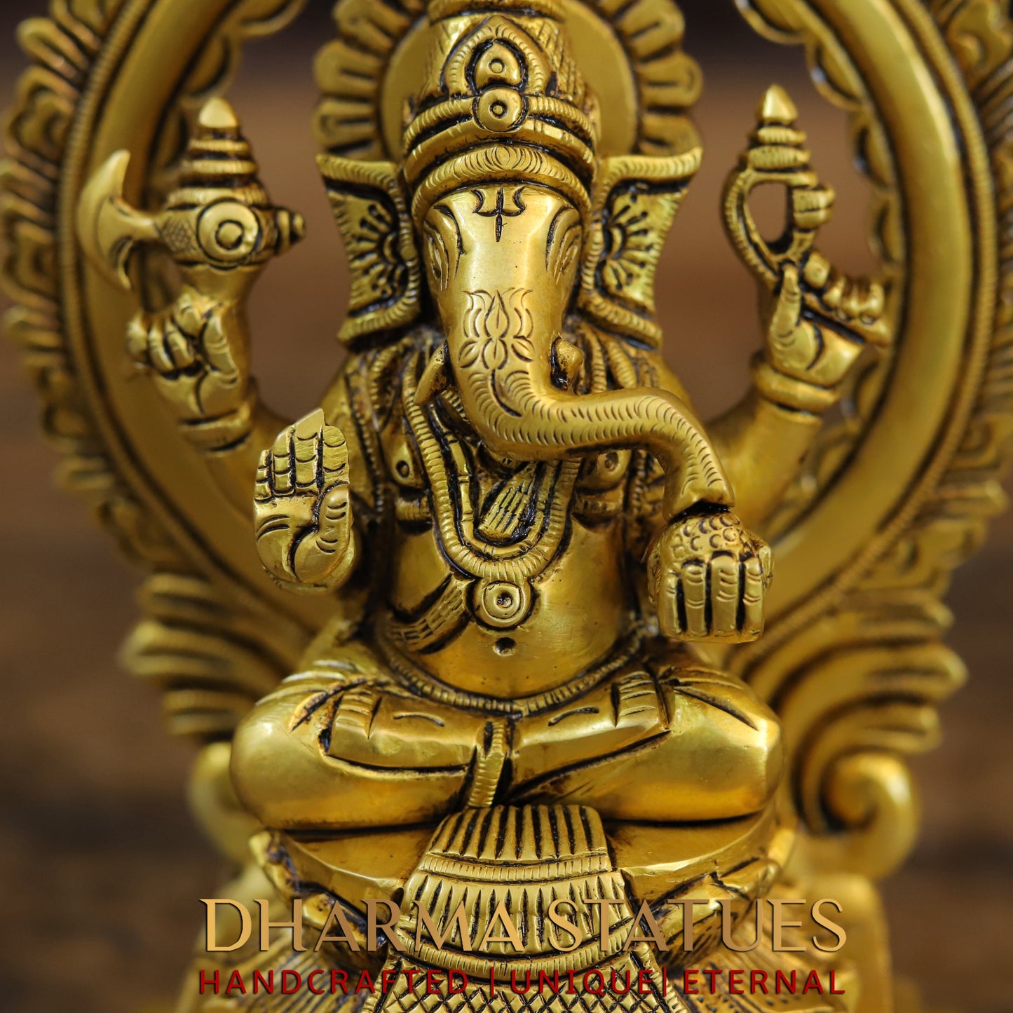 Brass Ganesh Laxmi, Seated on Carved Throne, Gold Finish, 7.5"