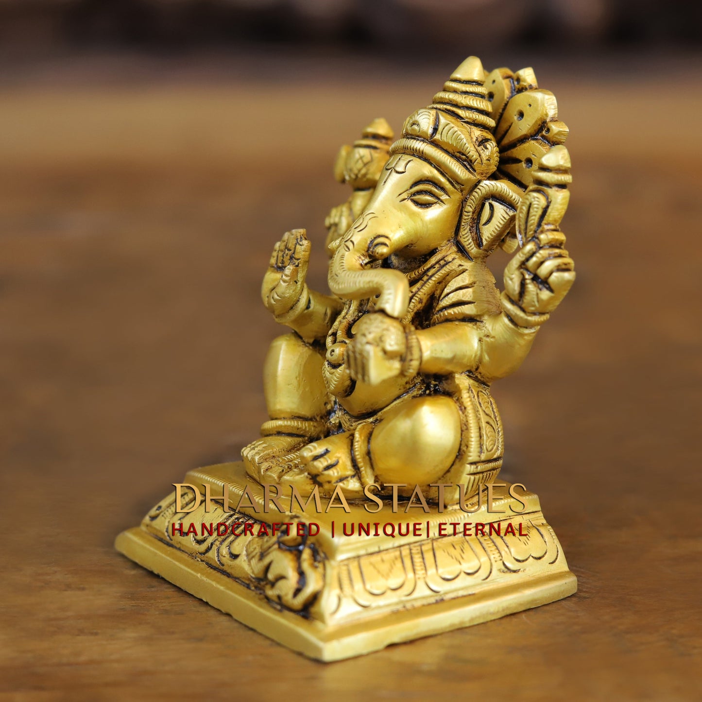 Brass Ganesh & Lakshmi seated in Blessing Posture, Golden Finish, 4"