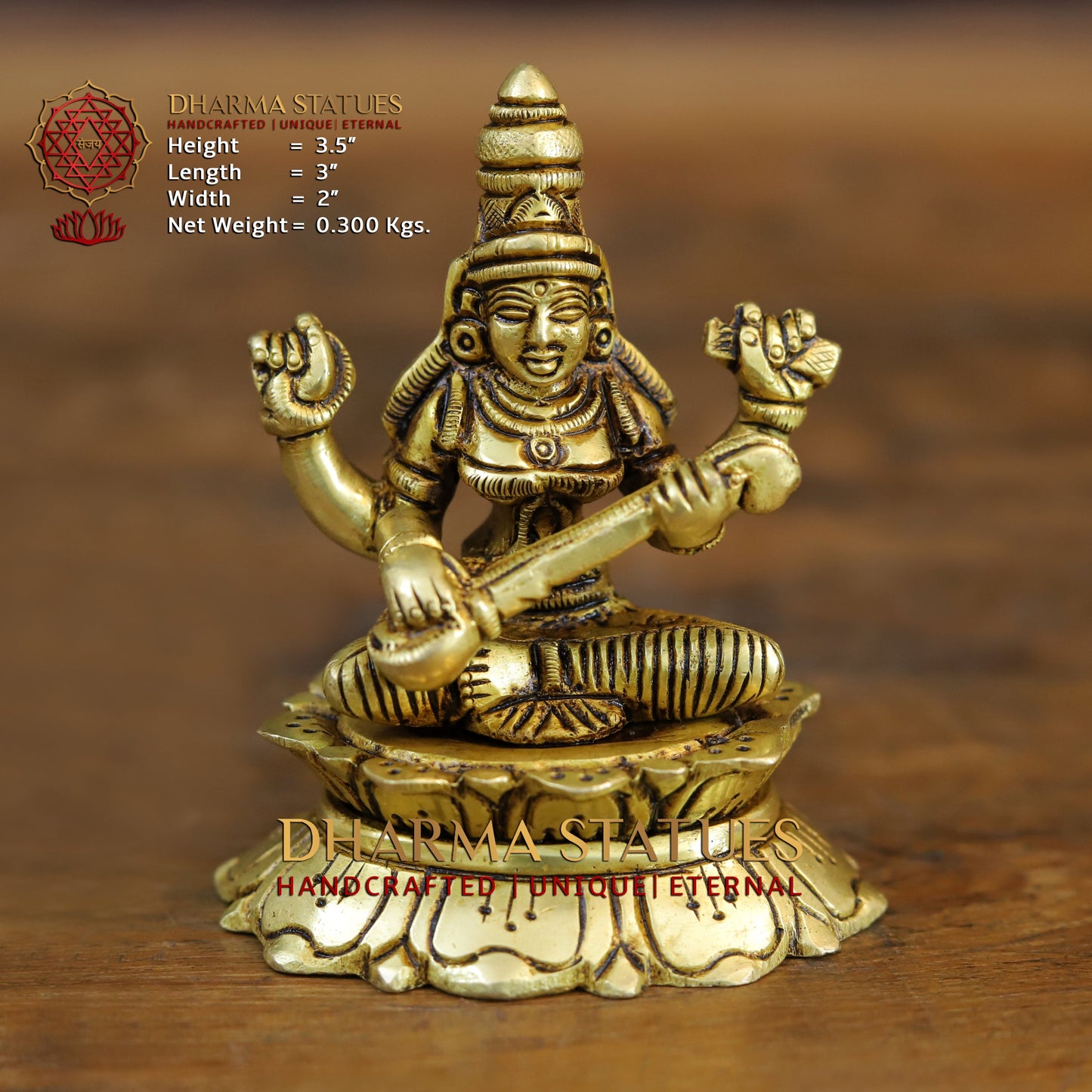Brass Saraswati seated, Golden Finish, 3.5"