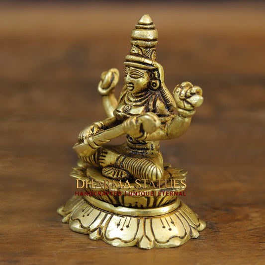 Brass Saraswati seated, Golden Finish, 3.5"